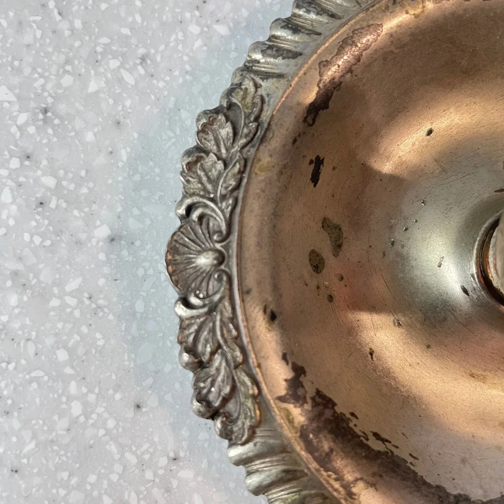 Vintage Silver Plated Chamberstick Candle Holder Finger Loop Ornate Scalloped